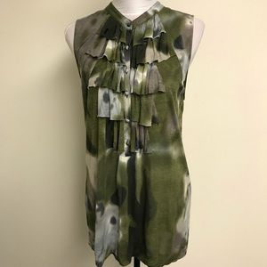 CABI Olive Green Sleeveless Knit Ruffle Top Sz L